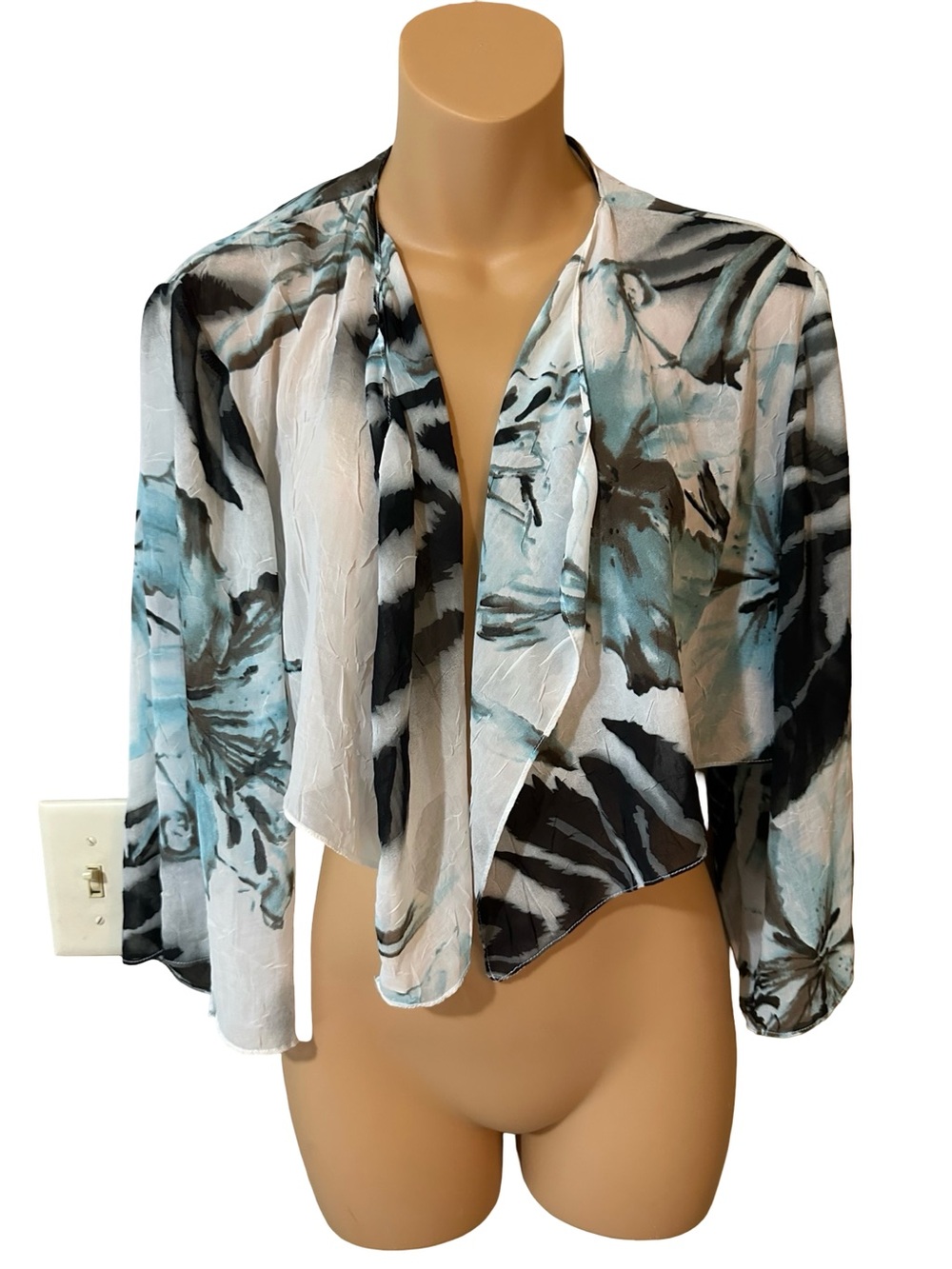 Alex Evenings Floral Chiffon Open Front Wrap Jacket Crop Cardigan Evening Large